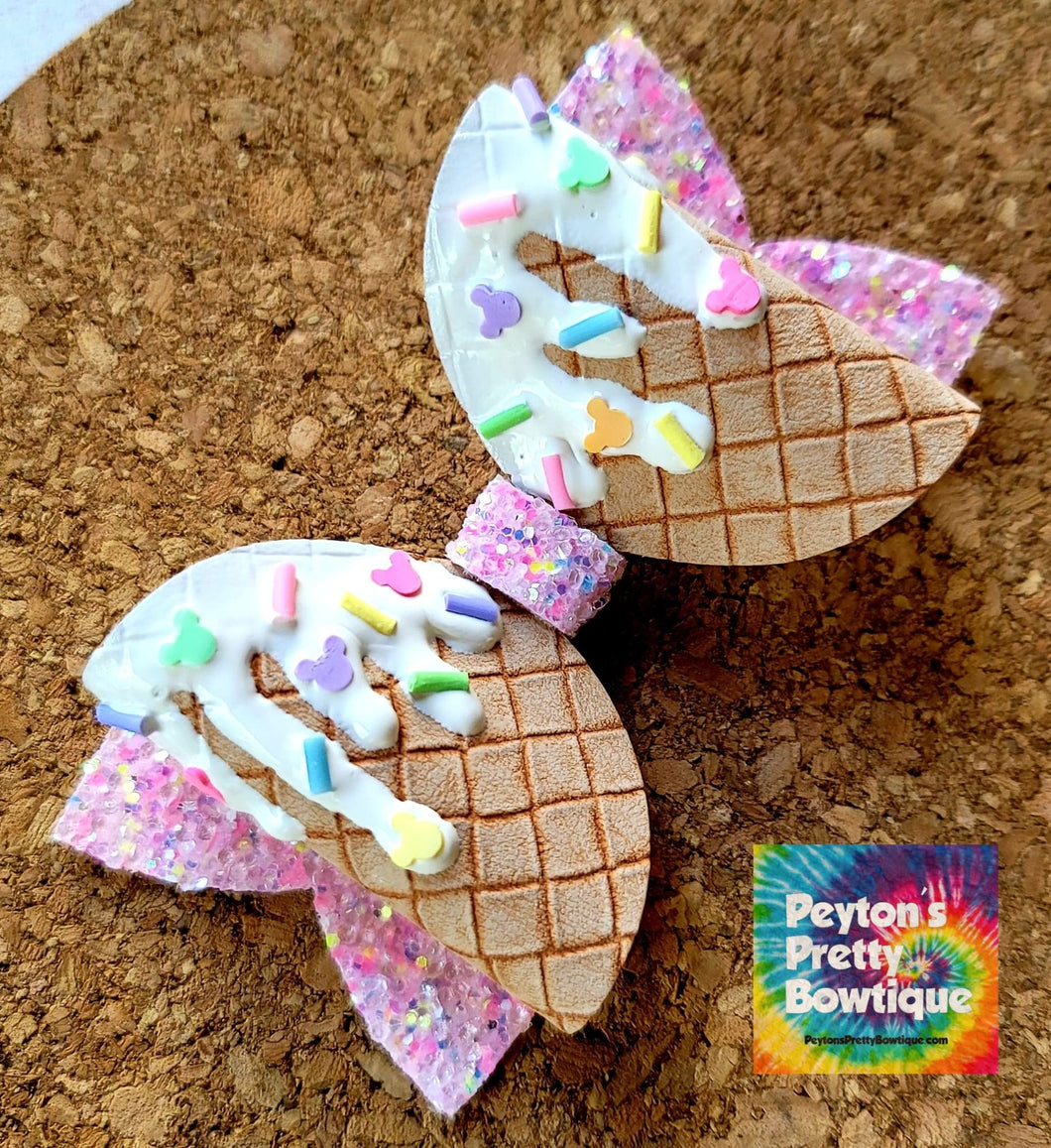 Mouse Pastel Ice Cream Drip Glitter Layered Leatherette Bow