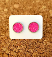 Load image into Gallery viewer, Flamingo Pink Glassy Glitter Vegan Leather Medium Earring Studs
