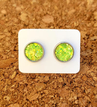 Load image into Gallery viewer, Lime Green Glitter Vegan Leather Medium Earring Studs
