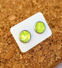 Load image into Gallery viewer, Lime Green Glitter Vegan Leather Medium Earring Studs
