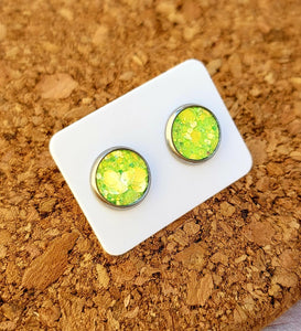 Lime Green Glitter Vegan Leather Medium Earring Studs