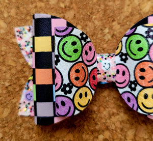 Smiley Faces Chunky Glitter Layered Leatherette Bow