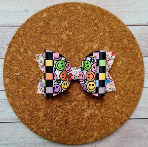 Smiley Faces Chunky Glitter Layered Leatherette Bow