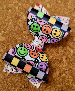 Smiley Faces Chunky Glitter Layered Leatherette Bow