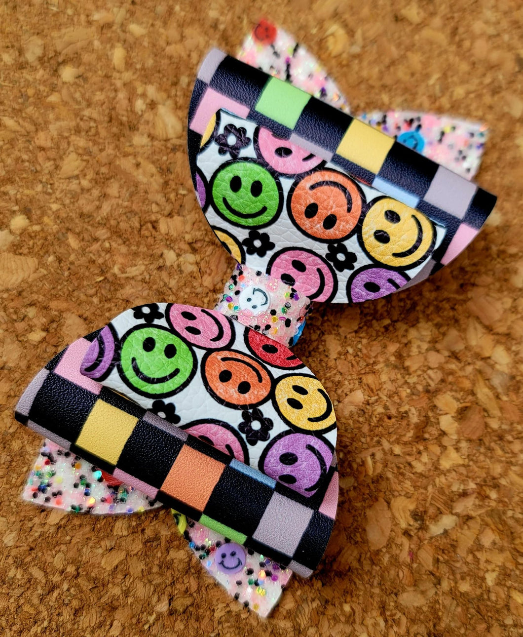 Smiley Faces Chunky Glitter Layered Leatherette Bow