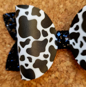 Cow Print Glitter Layered Leatherette Bow