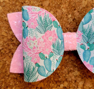 Pink Cactus Flowers Glitter Layered Leatherette Bow