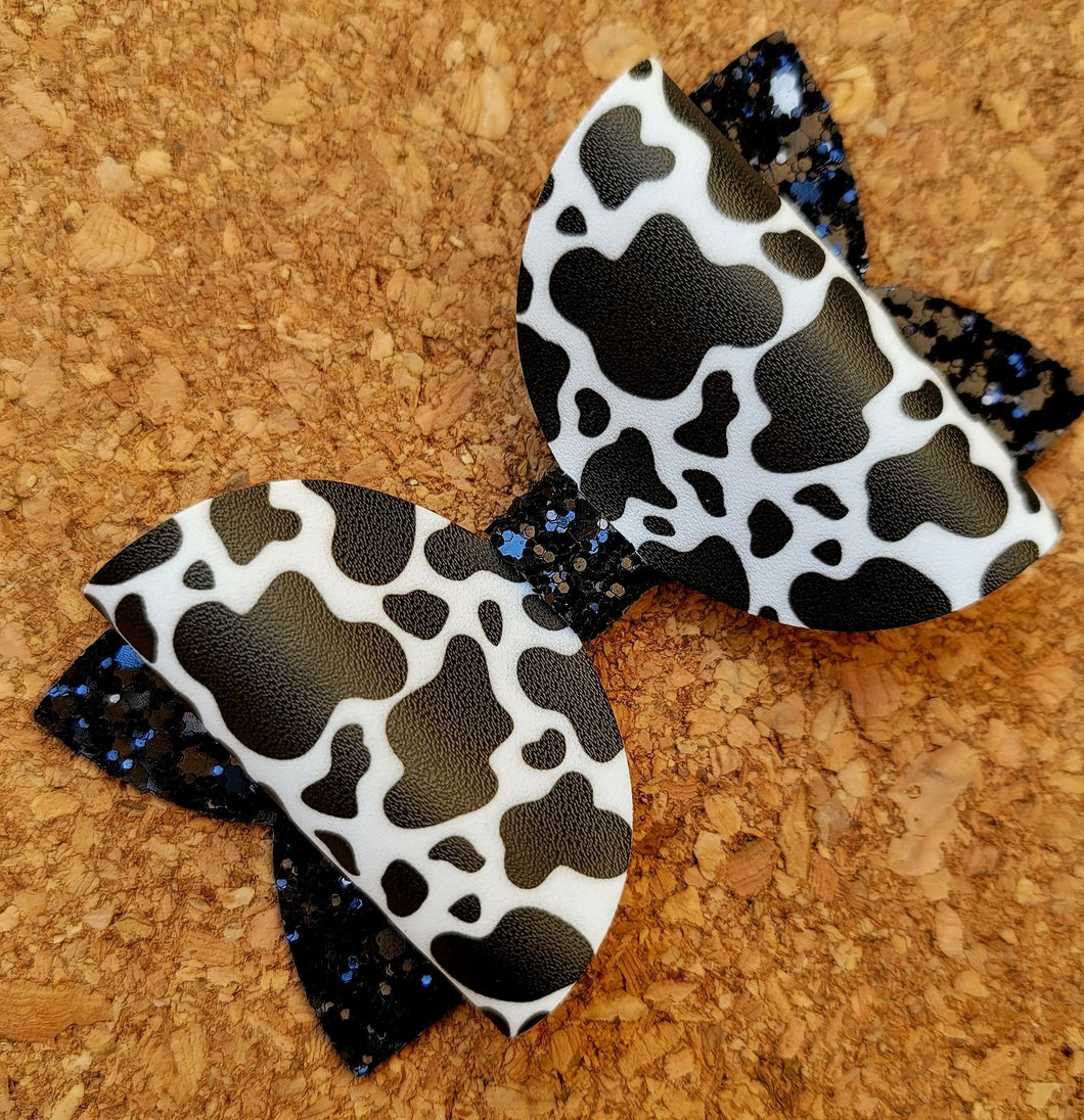 Cow Print Glitter Layered Leatherette Bow