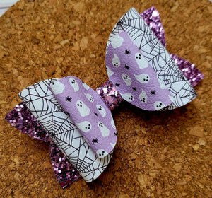 Purple Ghosts & Spiders Chunky Glitter Layered Leatherette Bow