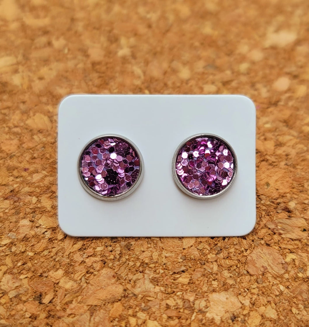 Pearl Purple Metallic Glitter Vegan Leather Medium Earring Studs