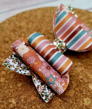 Load image into Gallery viewer, Fall Flowers &amp; Stripes Chunky Glitter Layered Leatherette Bow
