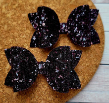 Load image into Gallery viewer, Black Cherry Glitter Layered Leatherette Piggies Bow
