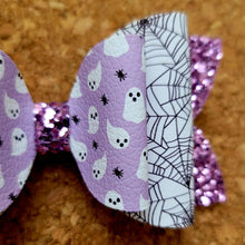 Load image into Gallery viewer, Purple Ghosts &amp; Spiders Chunky Glitter Layered Leatherette Bow
