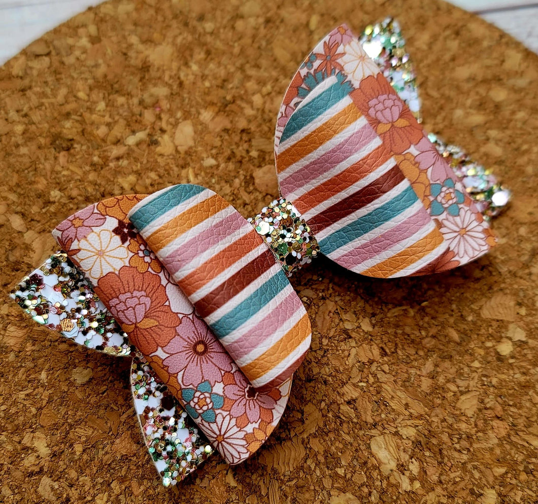 Fall Flowers & Stripes Chunky Glitter Layered Leatherette Bow