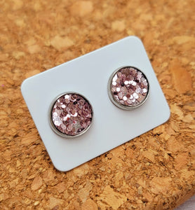 Light Rose Metallic Glitter Vegan Leather Medium Earring Studs