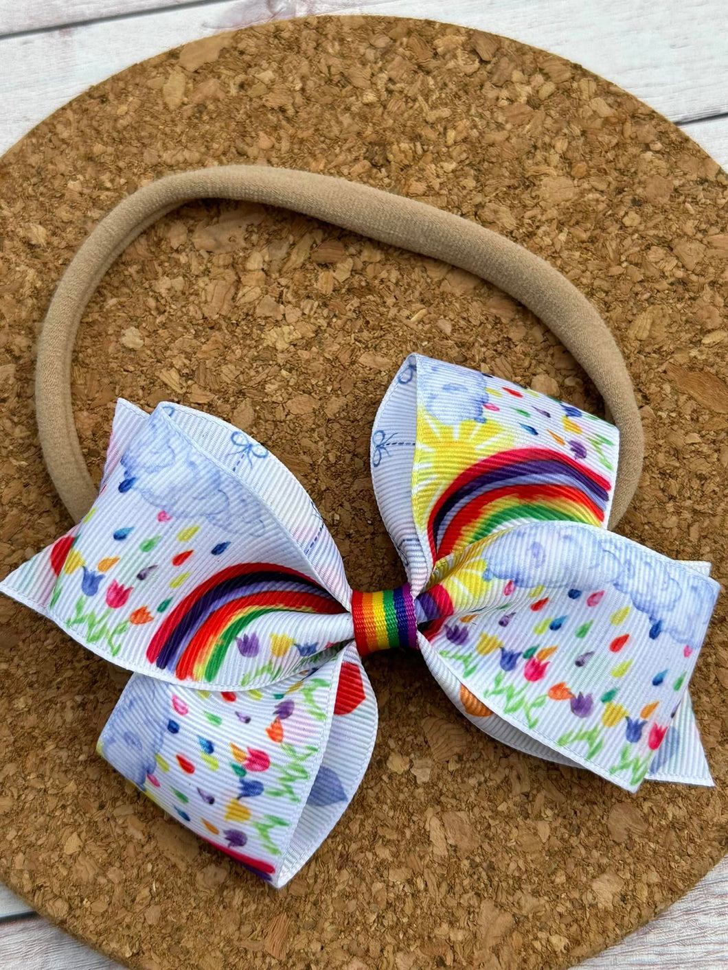 Rainbow On A Cloudy Day Pattern Bow on Nylon Band