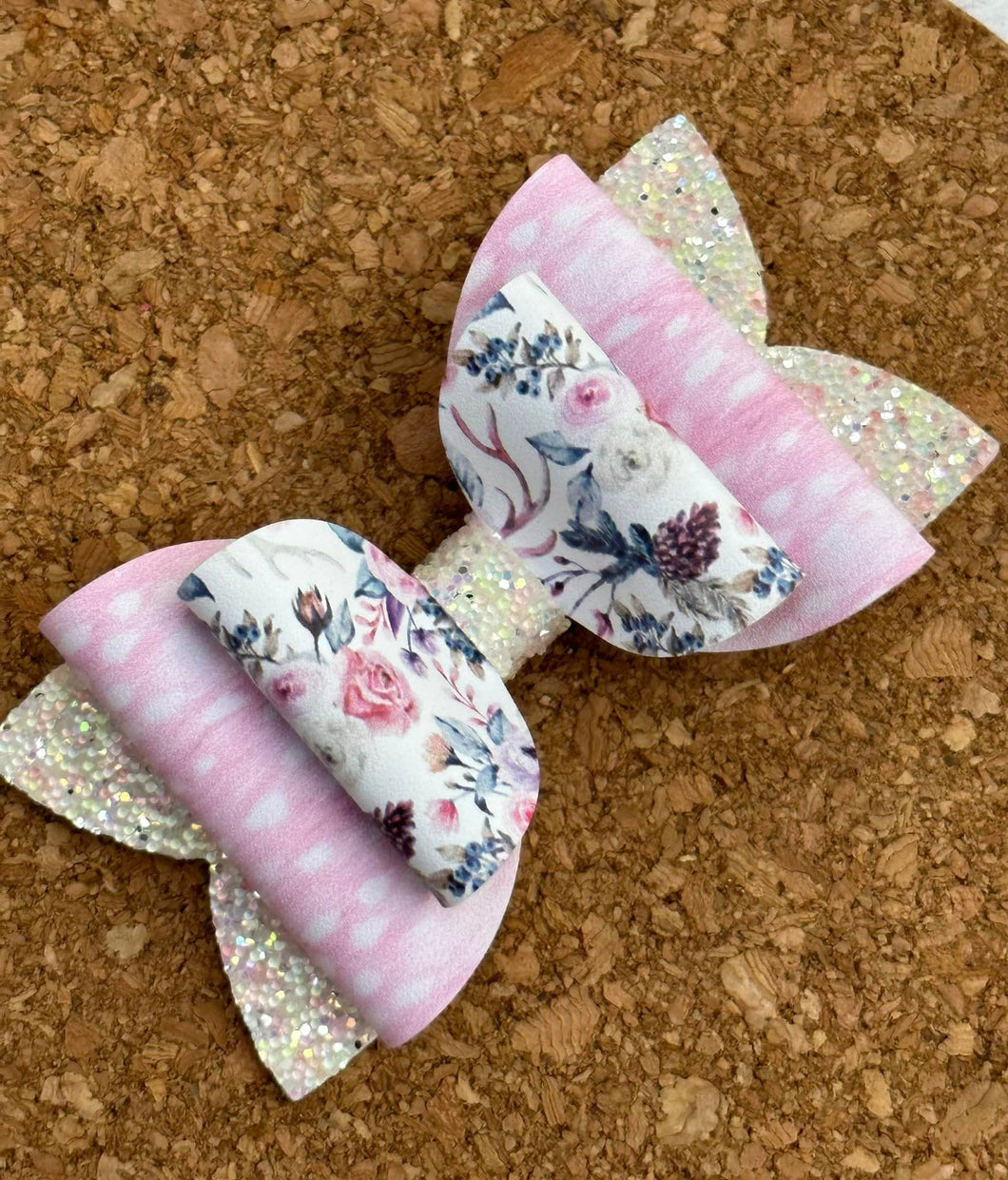 Pink Deer Floral Chunky Glitter Layered Leatherette Bow