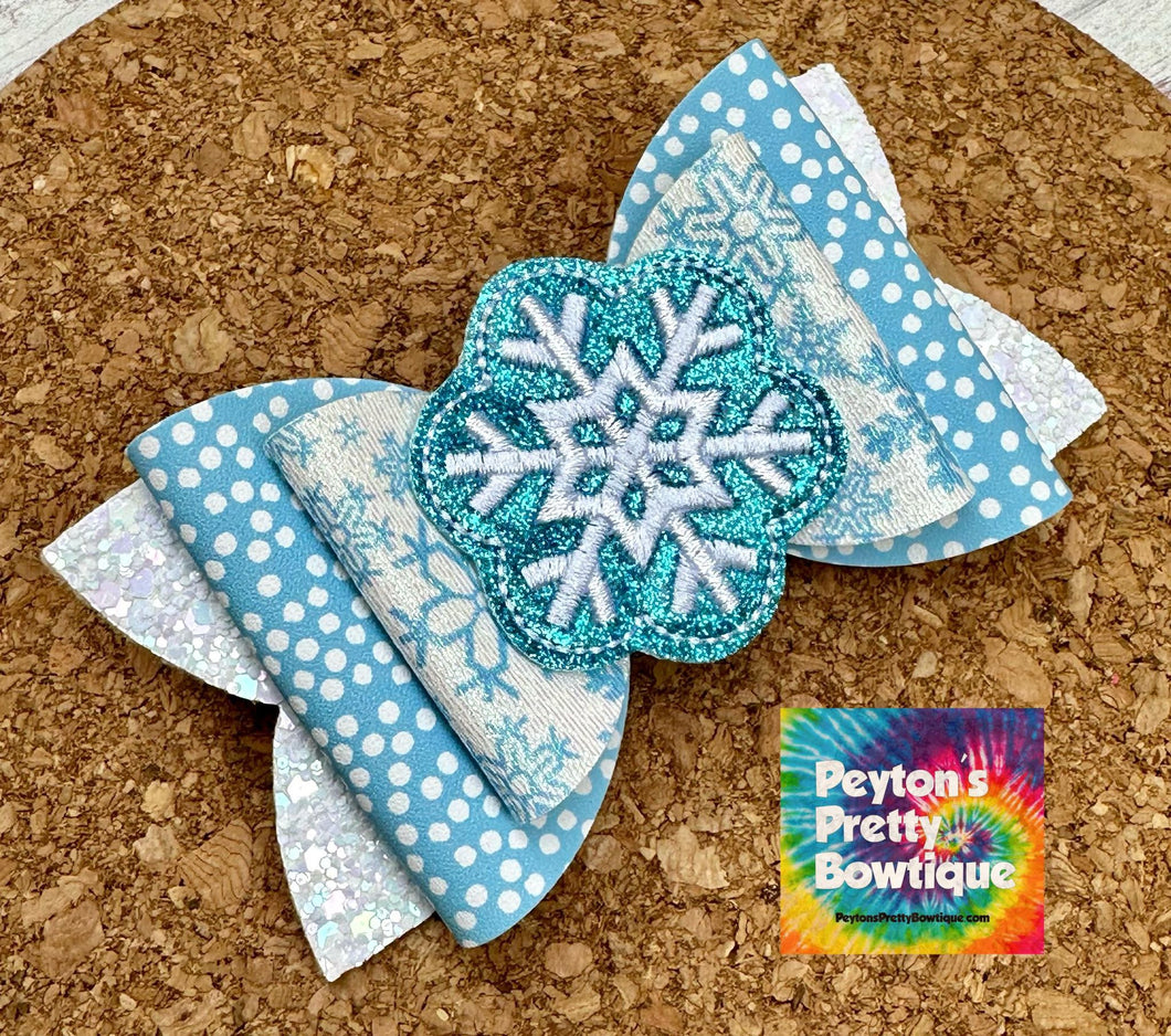 Blue Snowflakes Feltie Chunky Glitter Layered Leatherette Bow