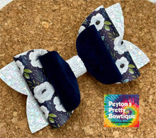 Load image into Gallery viewer, Navy Winter Flowers Chunky Glitter Layered Leatherette Bow
