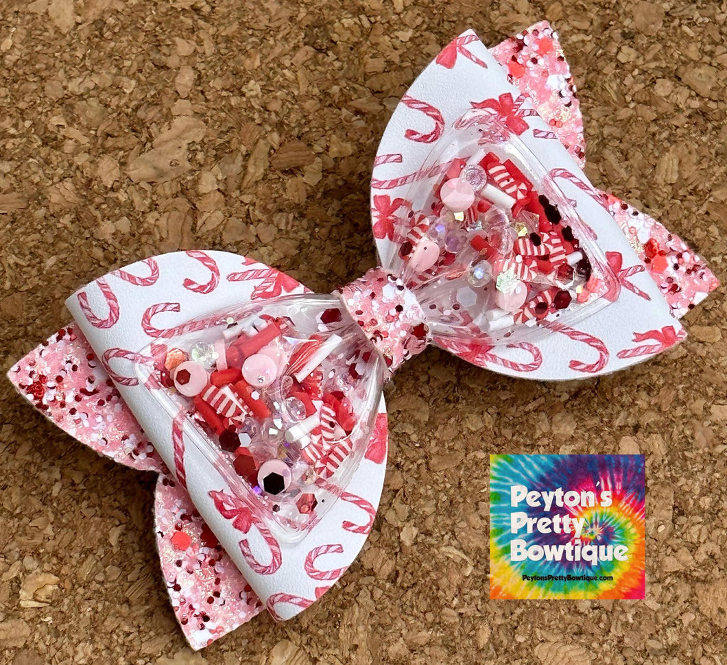 Candy Cane Shaker Chunky Glitter Layered Leatherette Bow