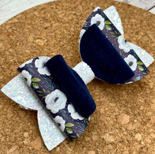 Load image into Gallery viewer, Navy Winter Flowers Chunky Glitter Layered Leatherette Bow
