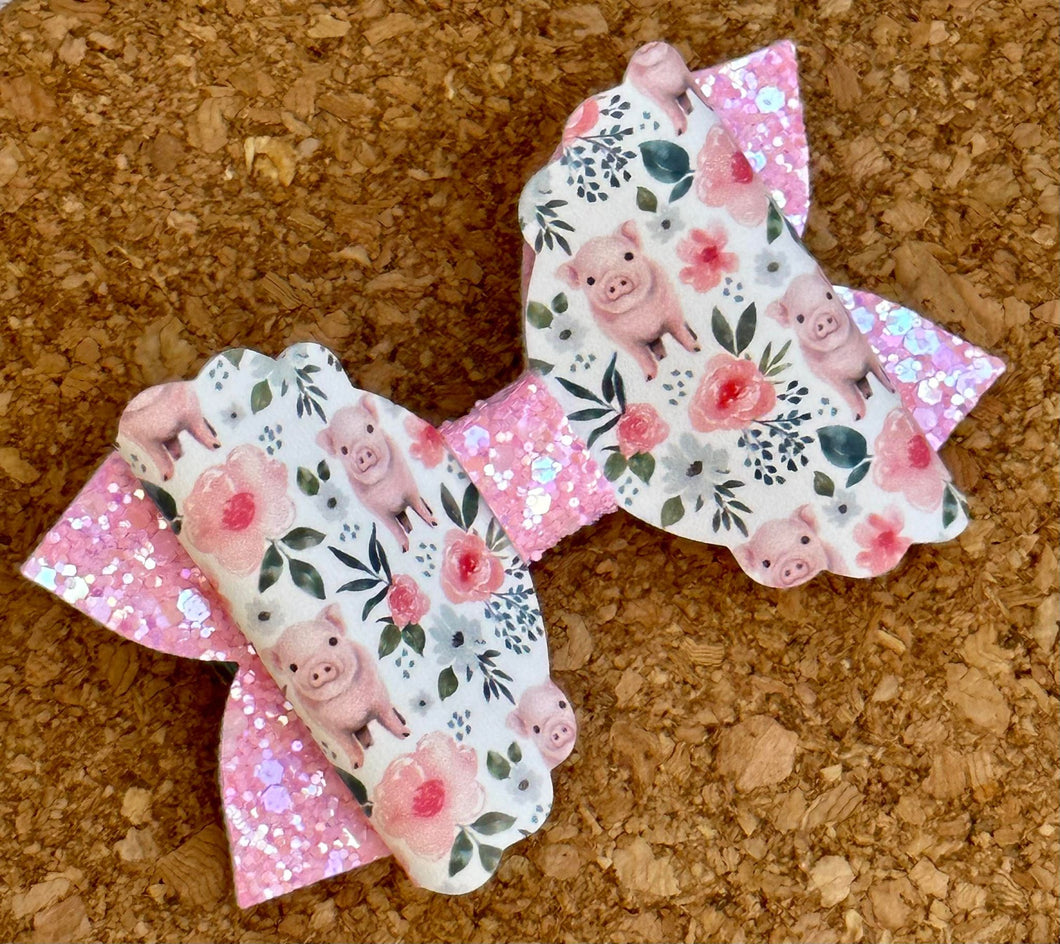 Floral Pigs Glitter Layered Leatherette Bow