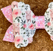 Load image into Gallery viewer, Floral Pigs Glitter Layered Leatherette Bow
