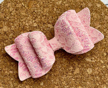 Load image into Gallery viewer, Pink Lace Hearts Chunky Glitter Layered Leatherette Bow
