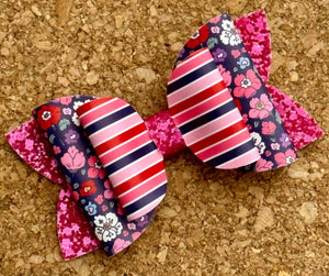 Vday Flowers and Stripes Glitter Layered Leatherette Bow