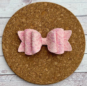 Pink Lace Hearts Chunky Glitter Layered Leatherette Bow