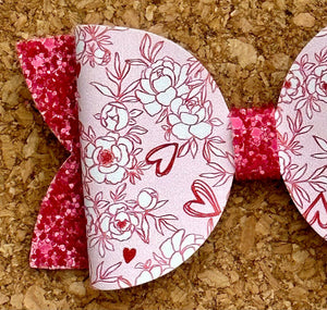 Roses and Hearts Pearl Glitter Layered Leatherette Bow