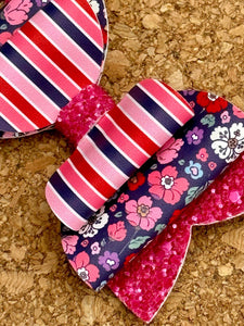 Vday Flowers and Stripes Glitter Layered Leatherette Bow