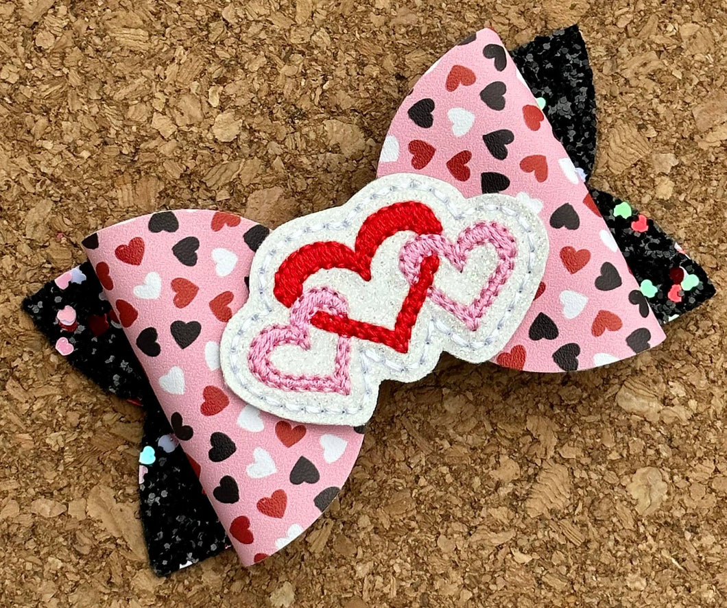 Hearts Feltie Glitter Layered Leatherette Bow