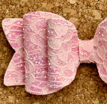 Load image into Gallery viewer, Pink Lace Hearts Chunky Glitter Layered Leatherette Bow
