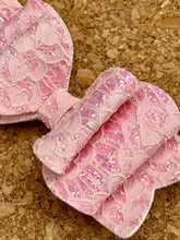 Load image into Gallery viewer, Pink Lace Hearts Chunky Glitter Layered Leatherette Bow
