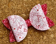 Load image into Gallery viewer, Roses and Hearts Pearl Glitter Layered Leatherette Bow
