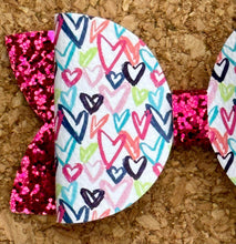 Load image into Gallery viewer, Multi Hearts Glitter Layered Leatherette Bow
