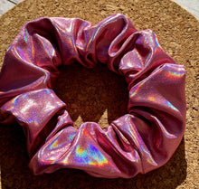 Load image into Gallery viewer, Pink Holographic Metallic Pleather Scrunchie
