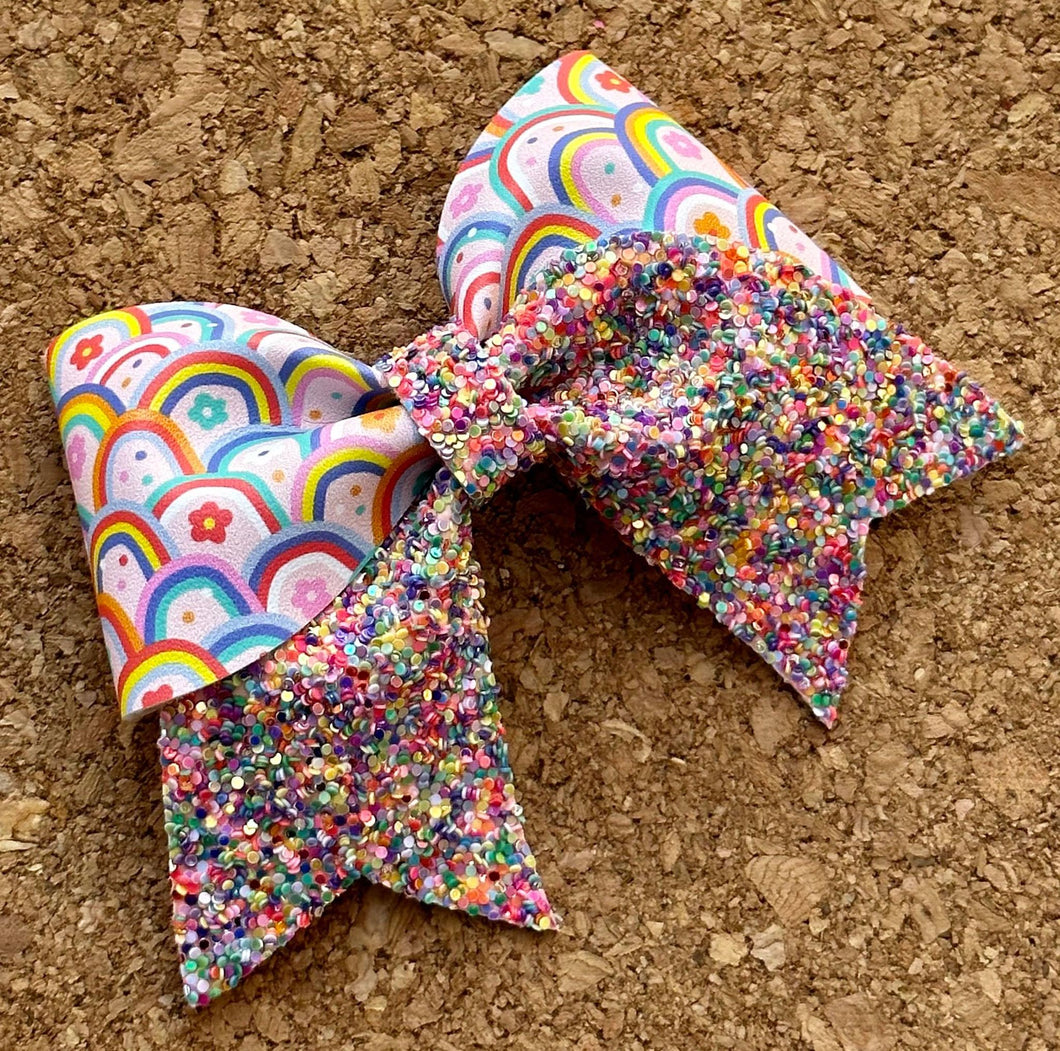 Rainbow Glitter Mini Cheer Leatherette Bow