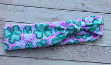 Load image into Gallery viewer, Pink and Green Clovers Checkered Skinny Knot Headband
