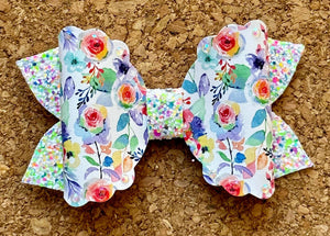 Rainbow Flowers Rhinestone Glitter Layered Leatherette Bow