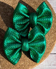 Load image into Gallery viewer, Green Metallic Pleather Piggies Fabric Bows
