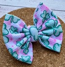Load image into Gallery viewer, Pink and Green Clovers Checkered Fabric Bow
