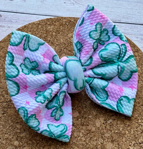 Pink and Green Clovers Checkered Fabric Bow