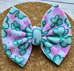Pink and Green Clovers Checkered Fabric Bow