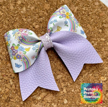 Load image into Gallery viewer, Purple Rainbows and Flowers Mini Cheer Leatherette Bow
