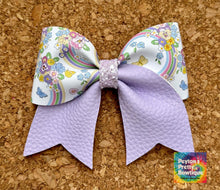 Load image into Gallery viewer, Purple Rainbows and Flowers Mini Cheer Leatherette Bow
