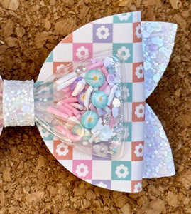 Checkered Flowers Rhinestone Shaker Chunky Glitter Layered Leatherette Bow