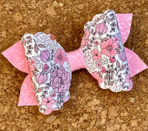 Pink Flowers Scallop Glitter Layered Leatherette Bow