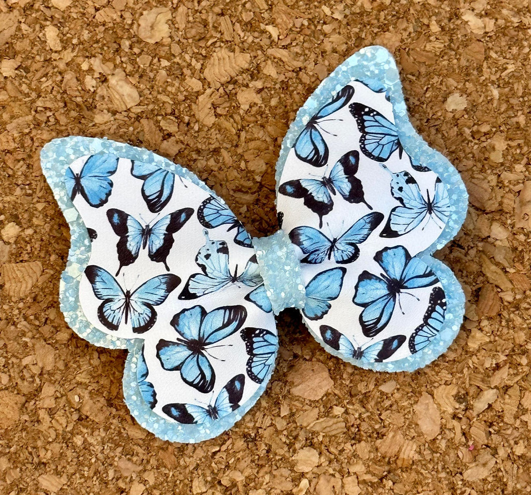 Blue Butterfly Glitter Layered Leatherette Bow